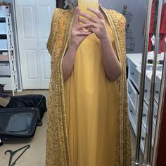 Worn Once For A Few Hours! Got This Overseas And It Was Handmade Original Design! The Inside Is Made Fully From Silk And It Feels So Good When You Wear It! Elegant Maxi Length Dupatta For Evening, Yellow Evening Dress For Wedding, Elegant Yellow Saree Dress, Yellow Gown With Sheer Dupatta, Yellow Maxi Length Dupatta For Wedding, Elegant Yellow Anarkali Set For Party, Traditional Drape Yellow Wedding Dress, Formal Yellow Dresses For Eid, Yellow Party Gown With Dabka Work