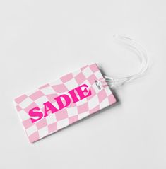 WAVY CHECKERBOARD PERSONALIZED BAG / LUGGAGE TAG Pink Bags For Back To School Personalized Gift, Customizable Fun Pink Bags, Personalized Pink Bag For Back To School, Fun Pink Personalized Bags, Personalized Pink Fun Bag, Cheap Trendy Pink Luggage Tag, Cheap Pink Luggage Tag For Personal Use, Personalized Pink Luggage Tag For School, Personalized Rectangular Luggage Tag For School