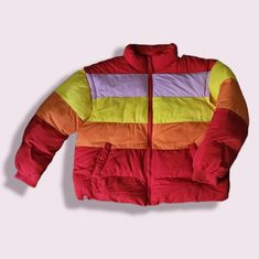 Matching Joggers For Xs In Listings. Sleeves Can Come Off (Shown In Third Picture. Has Pockets. Last Picture Shows Inside Of Jacket Multicolor Spring Puffer Jacket, Multicolor Puffer Outerwear For Spring, Multicolor Puffer Outerwear For Fall, Fall Multicolor Puffer Outerwear, Multicolor Long Sleeve Puffer Jacket For Spring, Red Color Block Winter Outerwear, Multicolor Cotton Color Block Outerwear, Rainbow Long Sleeve Winter Outerwear, Casual Multicolor Winter Puffer Jacket