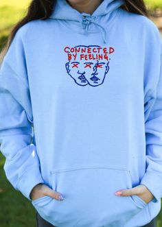 ✰Embroidered✰UNISEX✰Hand drawn and designed✰50% cotton, 50% polyester✰Super soft and comfy!✰Model is 5'5 and wearing Size L in a Blue Hoodie w Dark Blue Thread (The dark blue is interchangeable, the red will remain) Fashion Embroidery, Embroidery Hoodie, Embroidery Shoes, Expressive Fashion, Embroidery Gifts, Embroidery Sweatshirt, Blue Hoodie, Classic Silhouette, Timeless Style