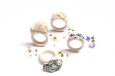 three rings with flowers and shells on them