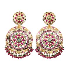 Gold plated chandbali earrings in 92.5 silver. The setting stones are synthetic rubies and emeralds. All pearls used are real freshwater pearls. The hanging beads are real rubies and emeralds. Weight - 65 GMs Height - 9.25 cms Width - 5.25 cms Temple Jewelry Style Jeweled Danglers For Festivals, Temple Jewelry Jeweled Danglers For Festivals, Temple Jewelry Styled Jeweled Danglers For Festivals, Jeweled Temple Jewelry Danglers For Festivals, Festive Jeweled Temple Jewelry Chandbalis, Jeweled Chandbalis For Reception, Jeweled Chandbali Earrings For Reception, Reception Chandbali Earrings With Jeweled Details, Jeweled Chandbalis For Reception And Festivals