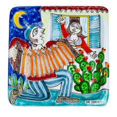 a ceramic plate with an image of a man playing the accordion