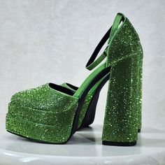 Green Rock It Jewel Green Rhinestone Chunky Heel 2 Inch Dual Platform 6 Inch High Heel Sandal With Ankle Strap. Brand New In Box Chunky Green Heels, Green Rhinestone Party Heels, Glamorous Green Heels With Rhinestones, Glamorous Green Embellished Heels, Green Rhinestone Round Toe Heels, Cinderella Heels, Funky Heels, Pink Kitten Heels, Dress Reference