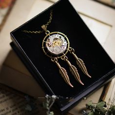 Vintage Steampunk Dream Catcher Necklace Dream Catcher Gifts, Box Ribbon, Dream Catcher Necklace, Vintage Steampunk, Retro Accessories, Inspired Necklace, Necklace Craft, Handcrafted Necklace, Mechanical Movement