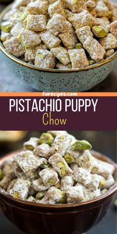 pistachio puppy chow recipe in a bowl with the title above it and an image of