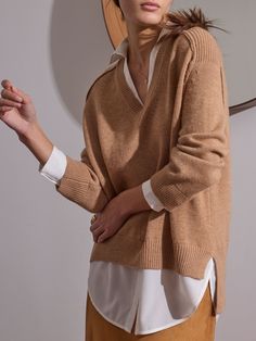 looker tan layered v-neck sweater front view Elevated Minimalism, V Neck Sweaters, Brochu Walker, Layered Style, Layered Sweater, Camel Sweaters, Cardigan Sweaters, Cashmere Blend Sweater, Closet System