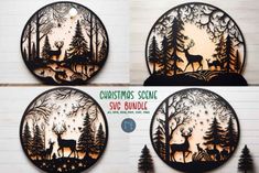 christmas scene svg bundle with deer in the woods and pine trees cut out from paper