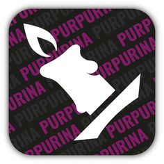 a square sticker with the words purpuna and an arrow in pink on black