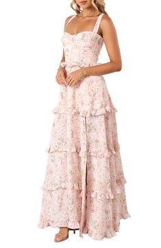 Ruffle trim adds an extra dimension of sophistication to a floral-patterned maxi dress complete with corset-inspired lacing. Ties at back Sweetheart neck Adjustable straps Lined 100% polyester Hand wash, line dry Imported Floral Maid Of Honor Dress, Where To Buy Prom Dresses, Prom Dresses Floral, Floral Bridesmaid Dresses, Floral Prom Dresses, Resort Dresses, Cute Prom Dresses, Modern Romance, Pink Floral Print