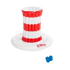 an inflatable red and white top hat with two blue balls