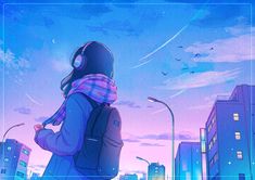 a person with headphones on looking at the sky in front of buildings and birds