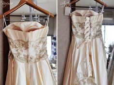 two pictures of dresses hanging on a rack