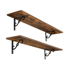 two wooden shelves with metal brackets on them