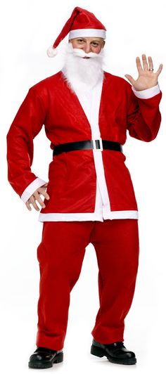 a man dressed as santa claus waves at the camera with his hands in the air