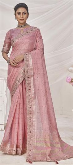 Pink and Majenta color Saree in Banarasi Silk fabric with Border, Embroidered, Sequence, Zari work Wedding Saree Fabric In Art Silk, Unstitched Wedding Fabric With Pallu Detail, Semi-stitched Art Silk Fabric For Wedding, Festive Anarkali Fabric For Wedding, Wedding Saree In Art Silk, Resham Embroidered Saree Fabric For Wedding, Chanderi Fabric With Zari Work For Weddings, Zari Work Fabric For Wedding And Festivals, Elegant Chanderi Fabric For Wedding