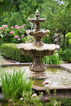 a water fountain in the middle of a garden