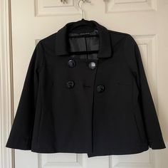 Black Crop Coat. Size Xs. Never Worn. Chic Fitted Black Pea Coat, Black Fitted Pea Coat For Spring, Fitted Black Pea Coat For Spring, Chic Black Spring Pea Coat, Fitted Black Pea Coat For Office, Crop Coat, Coats Black, Cropped Coat, Forever 21 Jacket