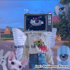 a woman standing next to two stuffed animals and a computer screen with the words i want to be real on it