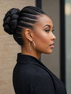 Combining sleekness with intricate braiding, this hairstyle elevates the updo to modern art. The braids add texture and dimension, leading up to a smoothly coiled bun that sits like a crown. It’s an exemplary style for women, showing how versatile and stylish it can be. Bun With Braids Black Women, Sleek Bun Hairstyles, Hair Braid Patterns, Short Hair Hacks, Sleek Updo, Sleek Bun, Sleek Ponytail Hairstyles