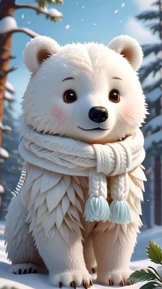 a white polar bear wearing a scarf in the snow