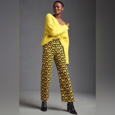 Super Cute Printed Gold And Black Wide Leg Velvet Pants -High Rise -Front And Back Patch Pockets -Zip Closure -New With Tags -14" Across Waist -11" Rise -26" Inseam Yellow High-waisted Workwear Pants, Yellow Wide-leg Workwear Bottoms, High Waist Yellow Pants For Work, Yellow Wide-leg Workwear Pants, Yellow Wide-leg Pants For Work, Bold Fall Bottoms, Mustard High Waist Bottoms For Workwear, Mustard High-waist Bottoms For Work, High Waist Mustard Bottoms For Work