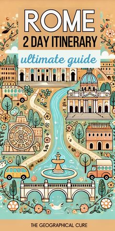 the cover of rome's 2 day itinerary, with an illustrated map