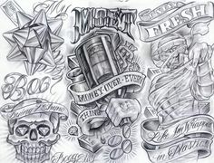 a drawing of some tattoos on the back of a sheet of paper with skulls, stars and