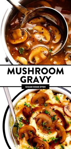 mushroom gravy is served in a bowl with mashed potatoes