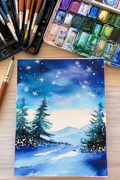 Hand painted Christmas card showing a snowy landscape with pines under a starry night sky. Blue Christmas Cards, Hand Painted Christmas Cards, Christmas Cards Ideas, Handpainted Christmas Ornaments, Painted Christmas Cards, Snowman Christmas Cards, Santa Christmas Cards, Christmas Card Ornaments, Hand Drawn Cards