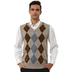 An essential choice for vintage style wearing. The simple argyle print design makes it easier to match your other clothes. The classic style and the nice soft fabric make this knitted sweater vest an on-trend essential. A good gift for families, friends, boyfriends, or husbands. Suitable for any occasion. Comfortable to wear with casual pants or suit pants. Argyle Print, Winter Overcoat, Long Overcoat, Slim Fit Blazers, Sleeveless Knit, Vest White, Fleece Vest, Suit Pants, Supima Cotton