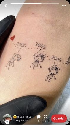 a person with a small tattoo on their leg that has numbers and people drawn on it