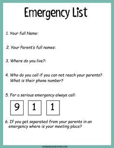 Emergency List Printable Work Sheet Emergency Printable, Baby Journal Book, Family Routine, Teaching Safety, Coaching Worksheets, Beach Activity, First Aid For Kids, Life Skills Class