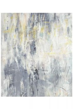 an abstract painting with yellow and grey colors on it's surface, including white paint