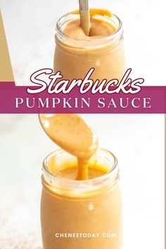 starbucks pumpkin sauce in a mason jar with a spoon sticking out of it and the title overlay reads starbucks pumpkin sauce