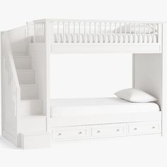 there is a white bunk bed with stairs on the bottom and drawers below it,