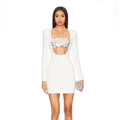 Brand New With Tag Nbd Vani Mini Dress In White Size S. Padded Shoulders Sequin And Rhinestone Embellished Bandeau Midweight Ponte Fabric Elegant White Embellished Bodycon Dress, White Crystal Embellished Mini Dress For Cocktail, White Embellished Dress For Night Out, White Embellished Bodycon Evening Dress, White Embellished Bodycon Dress For Evening, White Embellished Bodycon Dress For Night Out, White Embellished Dinner Dress, White Embellished Dress For Dinner, Ponte Fabric