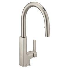 a kitchen faucet with stainless steel finish and pull out spout, on an isolated white background