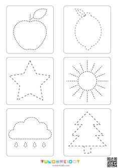 four different shapes to be colored in the shape of an apple, sun and star