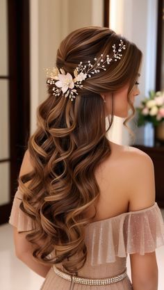 #hair #hairstyle #haircut #hairstylist #haircolor #hairfashion #haircare #hairideas #hairinspo #hairporn Grecian Style Wedding Hair, Bride Wedding Hair Long, Prom Hair Down Hairstyles, Wedding Hairstyles Fringe, Bridal Half Up Half Down Front View, Wedding Hairstyles Western, Fairy Hairstyles Long Hair, Unique Wedding Hairstyles Brides, Long Hair Styles Wedding Bride