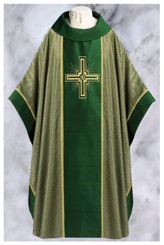 These chasubles are created in gold brocade and adorned with a silk orphrey and gold gallon. the symbols are embroidered in gold and satin thread. Lightweight and truly a must for Sunday. Fabric: Gold Brocade Size Chart: Click Here! or Please call for custom sizing Collar: Cowl Collar Optional: Add a personalized embroidered memorial label Click Here! CALL FOR MORE INFORMATION 1-800-947-7923 Traditional Gold Chasuble With Gold Embroidery, Traditional Gold Ceremonial Chasuble, Priest Stole, Liturgical Colours, Gold Brocade, Altar Cloth, Sale Banner, Personalized Embroidered, Fabric Trim