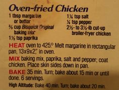 a close up of a sign with instructions on how to bake chicken in the oven