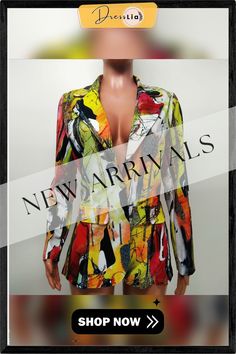 Elegant All Over Print Long Sleeve Blazer Jackets Long Sleeve Spring Party Blazer, Long Sleeve Spring Blazer For Parties, Spring Party Blazer With Long Sleeves, Multicolor Fall Blazer With Lapel Collar, Multicolor Outerwear With Lapel Collar For Spring, Multicolor Lapel Collar Outerwear For Spring, Fitted Multicolor Outerwear With Lapel Collar, Chic Multicolor Blazer For Party, Chic Multicolor Party Blazer