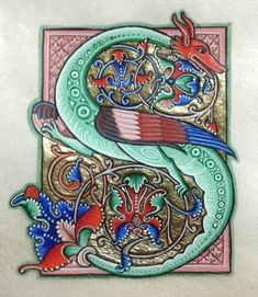 an intricately decorated initial with a bird on it