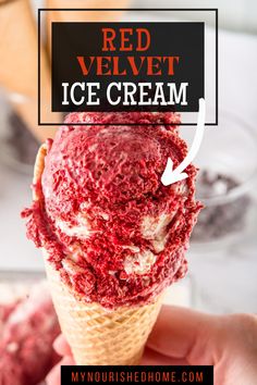 red velvet ice cream in a waffle cone with text overlay that reads, red velvet ice cream