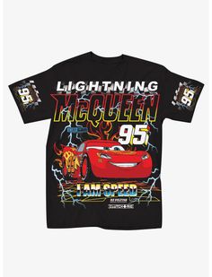 a t - shirt with the character lightning from cars on it, printed in red and black