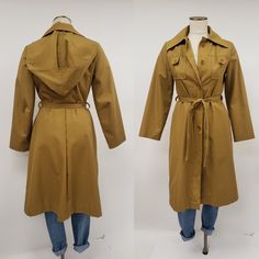 "Amazing 70s vintage trench coat in a fantastic retro color. 5 button front closure, pockets on both side seams, classic 70s oversized collar, detachable hood (buttons), patch pockets on right and left bodice, matching belt. Jacket is washable and tumble dry. No textile label but fabric feels crisp like a medium weight cotton/ polyester blend - but it's very hard to wrinkle, very nice quality fabric. Shown on my size small mannequin, jacket fit well but it was worn on top of just a t-shirt - if you wanted to wear something thicker (like a sweater) underneath the jacket it would probably feel too snug for a S and may be better suited for an XS depending on how you prefer it to fit . Beautiful vintage condition, there is one tiny spot on one side of the belt - other than that it looks brand Dark Mustard Yellow, Yellow Trench Coat, Trench Coat Vintage, Belt Jacket, Collar Detachable, Vintage Trench Coat, Small Mannequin, Retro Jacket, Oversized Collar