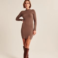 Comfy Long-Sleeve Mini Sweater Dress In A Soft Knit Fabric With Micro-Cable Stitching Details Throughout, Mock Neckline And Notch-Hem Detail. Perfect For Layering ”Regular” Length: Approx. 35.5”/Sleeve Length: 29.5” Body:60% Cotton, 20% Viscose, 20% Nylon Never Worn, Only Washed Once; Tags Have Been Removed Because They Were Scratchy No Trades. Please Ask All Questions Before Purchasing. Dress With Booties, Denim Button Up Dress, Brown Sweater Dress, Leather Shirt Dress, Skort Dress, Mock Neck Sweater Dress, Red Sweater Dress, Abercrombie And Fitch Dresses, Wrap Front Dress