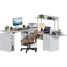 an office desk with a computer and printer on it