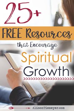 a woman reading a book with the title 25 free resources that engage spiritual growth